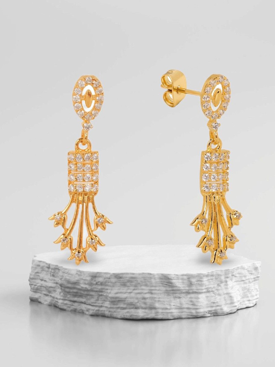 

De Flossy 925 Sterling Silver Gold-Plated Stone Studded Contemporary Shaped Drop Earrings