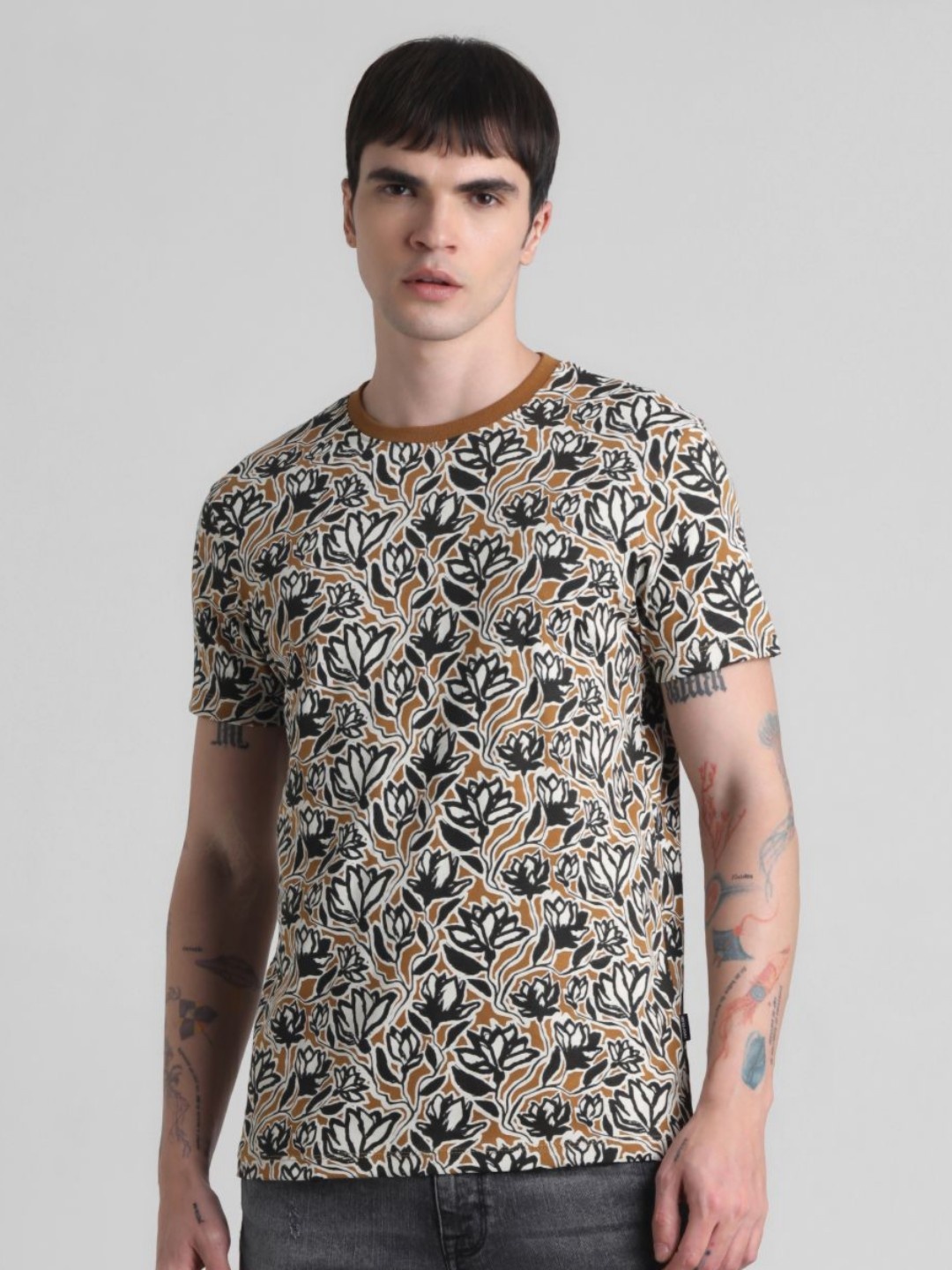 

Jack & Jones Men Floral Printed Round Neck Cotton T-shirt, Brown