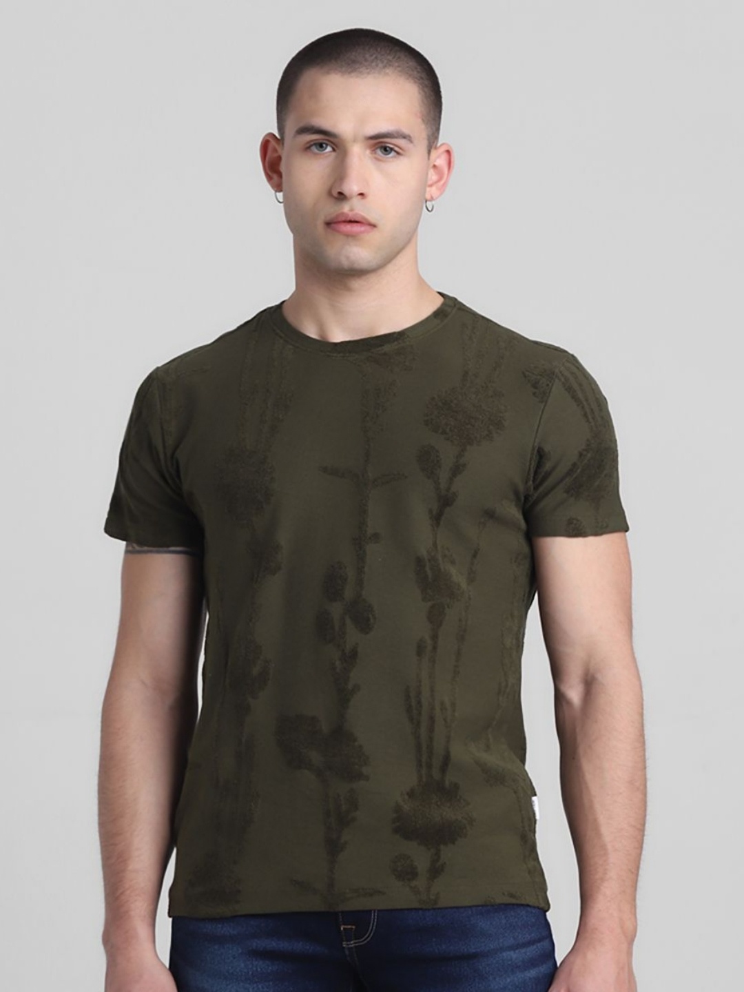 

Jack & Jones Men Abstract Printed Round Neck Cotton T-shirt, Olive