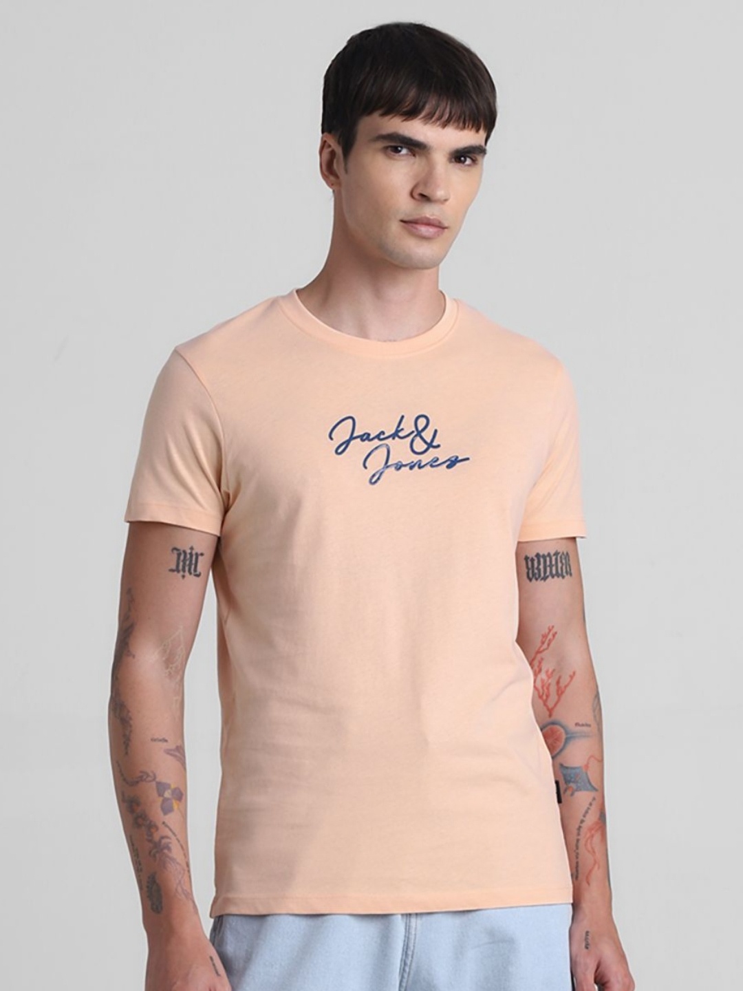 Jack & Jones Men Solid Round Neck Cotton T-shirt, Peach