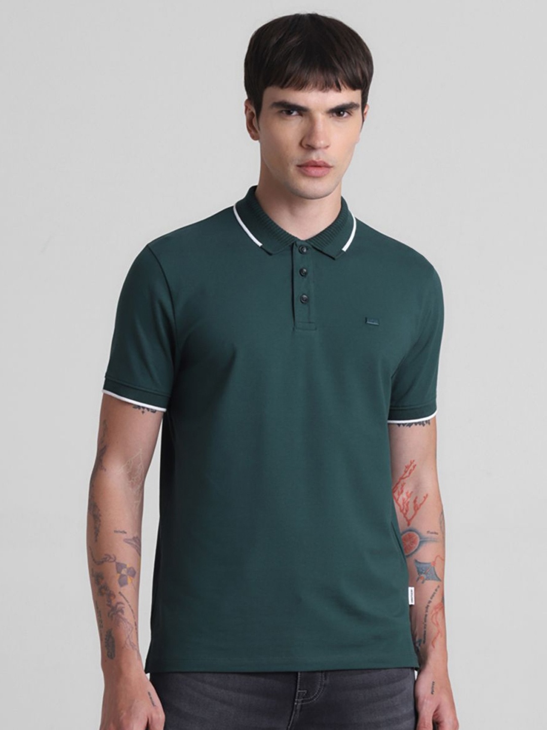 

Jack & Jones Men Solid Polo Collar Cotton T-shirt, Teal