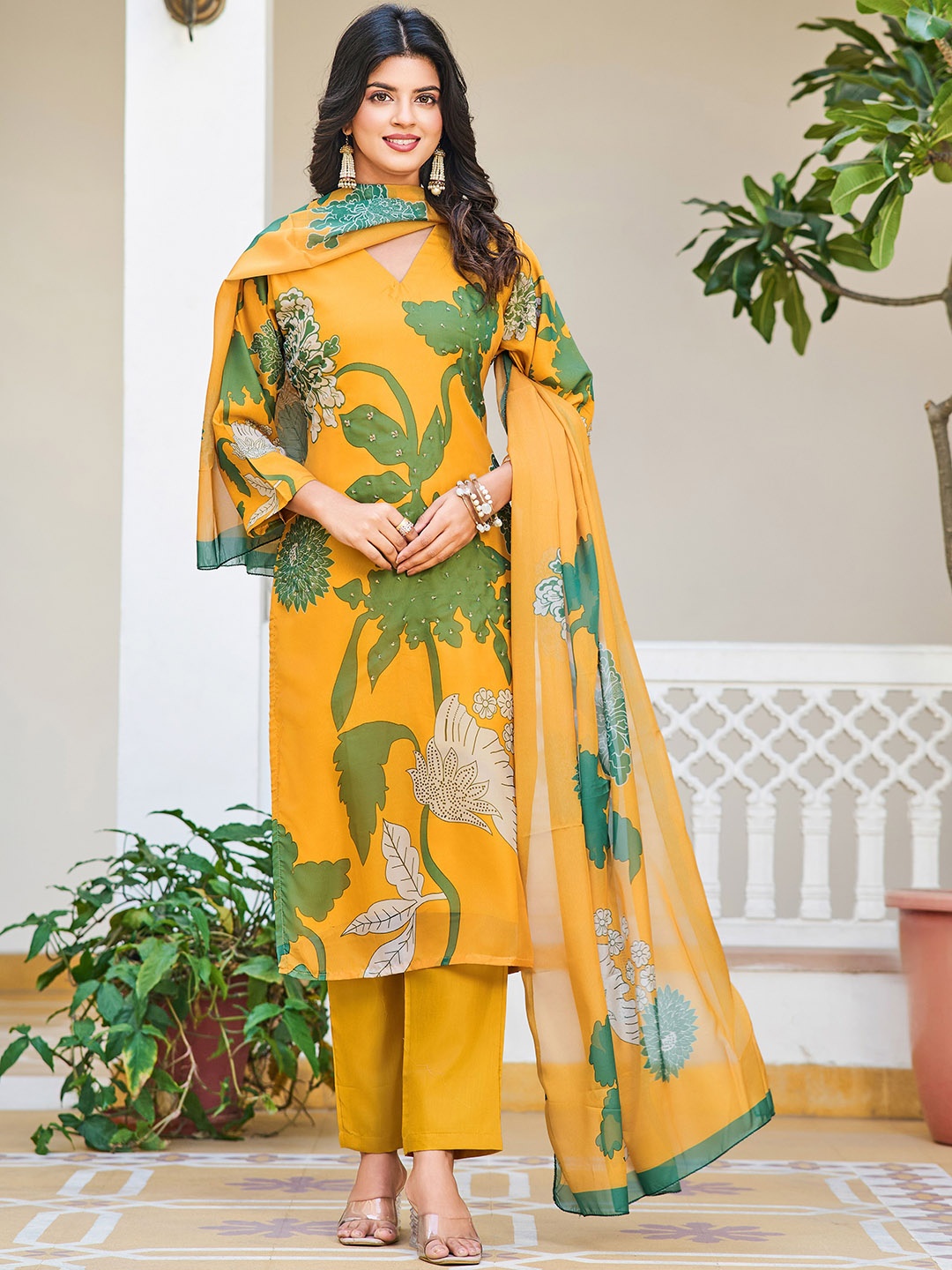 

KALINI Floral Printed V-Neck Sequinned Straight Kurta With Trousers & Dupatta, Yellow