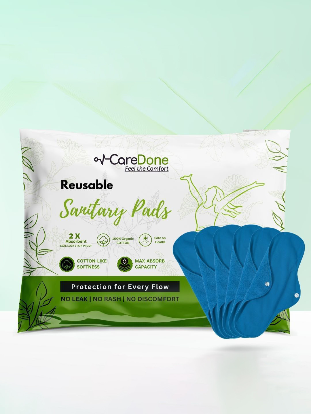 

CareDone Set Of 6 Washable & Reusable Comfty Extra Large Organic Cotton Sanitary Pads - Xl, Blue