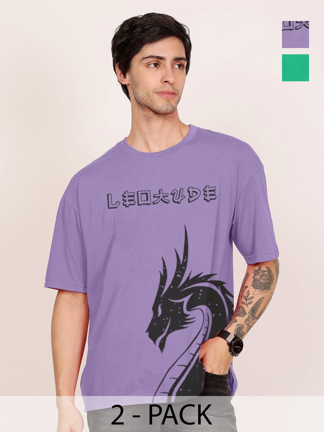 

Leotude Men Pack Of 2 Hulk Graphic Printed Round Neck Cotton T-shirts, Lavender