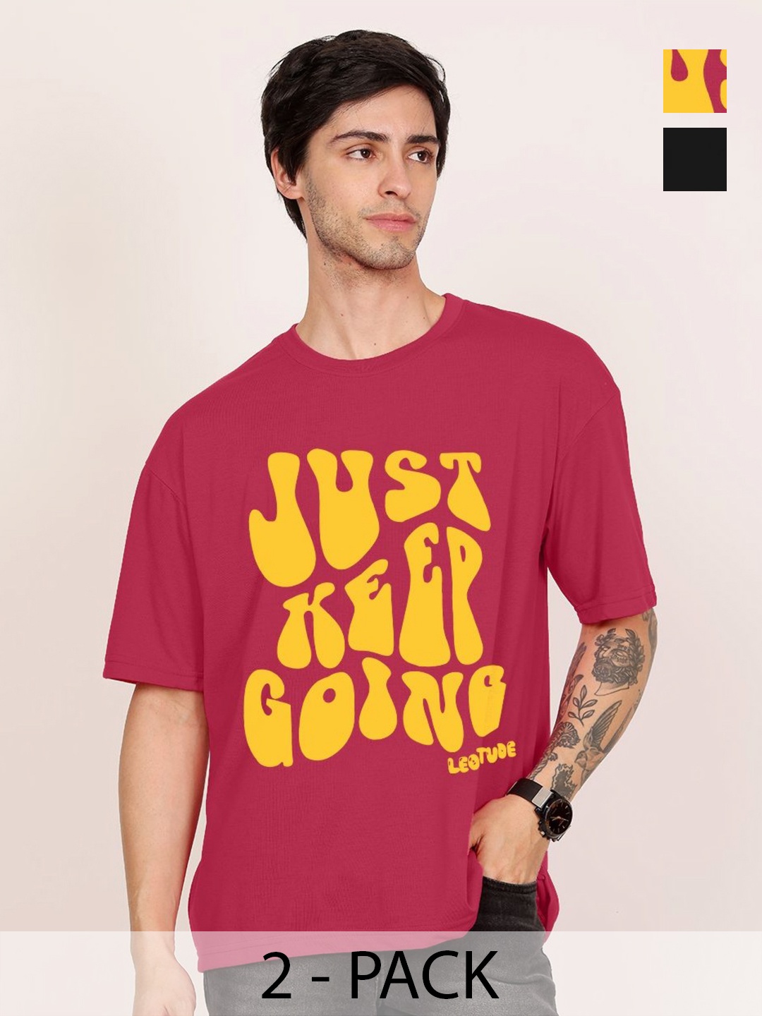 

Leotude Men Pack Of 2 Typography Printed Round Neck Cotton T-shirts, Mauve