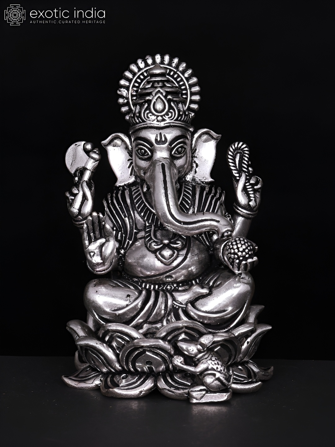 

Exotic India Silver-Toned Lord Ganesha Silver-Plated Brass Religious Idol Showpiece