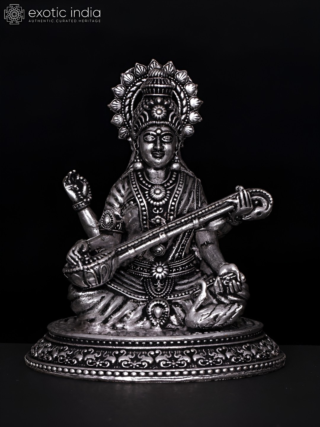 

Exotic India Silver-Toned Goddess Saraswati Silver-Plated Brass Religious Idol Showpiece