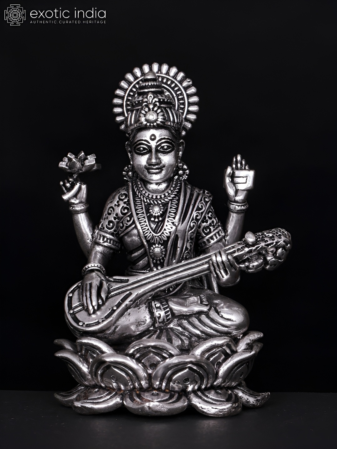 

Exotic India Silver-Toned Goddess Saraswati Silver-Plated Brass Religious Idol Showpiece