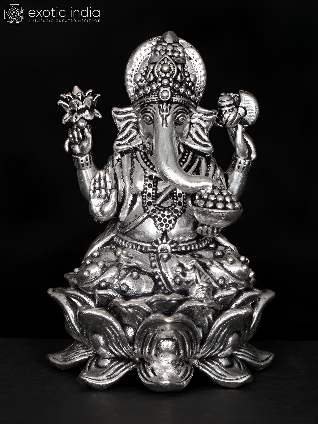 

Exotic India Silver-Toned Lord Ganesha Silver-Plated Brass Religious Idol Showpiece