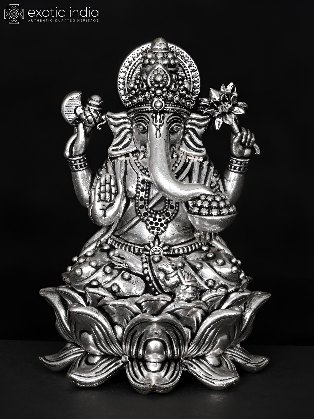 

Exotic India Silver-Toned Lord Ganesha Silver-Plated Brass Religious Idol Showpiece