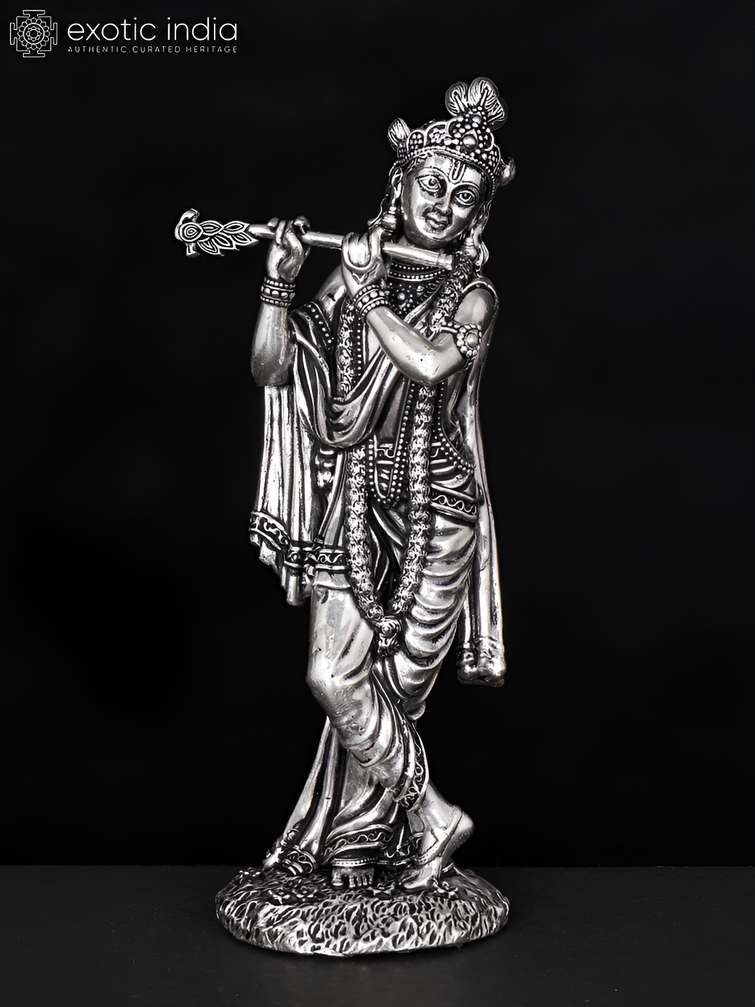 

Exotic India Silver-Toned Standing Lord Krishna Brass Religious Idol Showpiece
