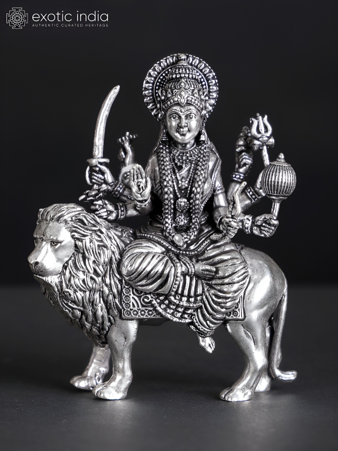 

Exotic India Silver-Toned Goddess Durga Silver-Plated Brass Religious Idol Showpiece