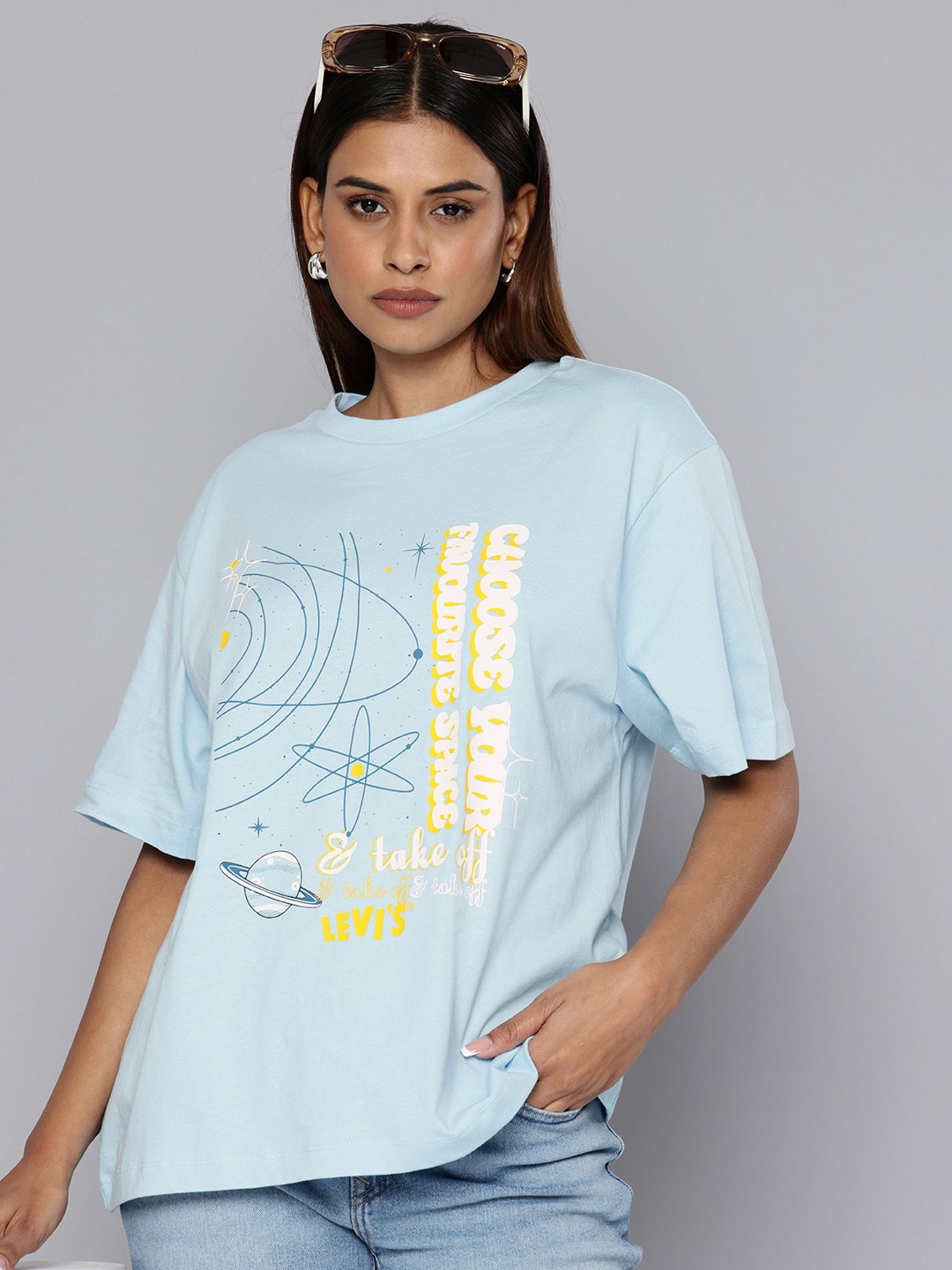 

Levis Printed Polo Collar Drop-Shoulder Sleeves Pure Cotton Oversized T-shirt, Blue