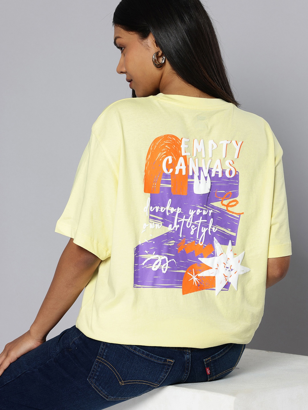 Levis Typography Printed Drop-Shoulder Sleeves Oversized Pure Cotton T-shirt, Yellow