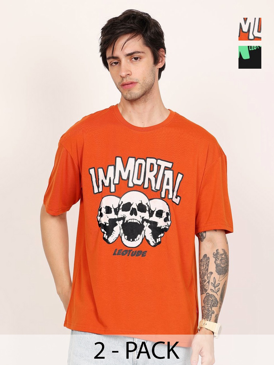 

Leotude Men Pack Of 2 Typography Printed Round Neck Cotton T-shirts, Orange