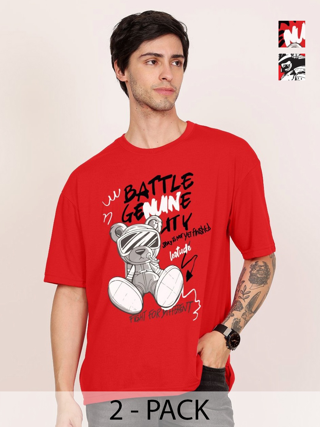 

Leotude Men Pack Of 2 Graphic Printed Round Neck Cotton T-shirts, Red