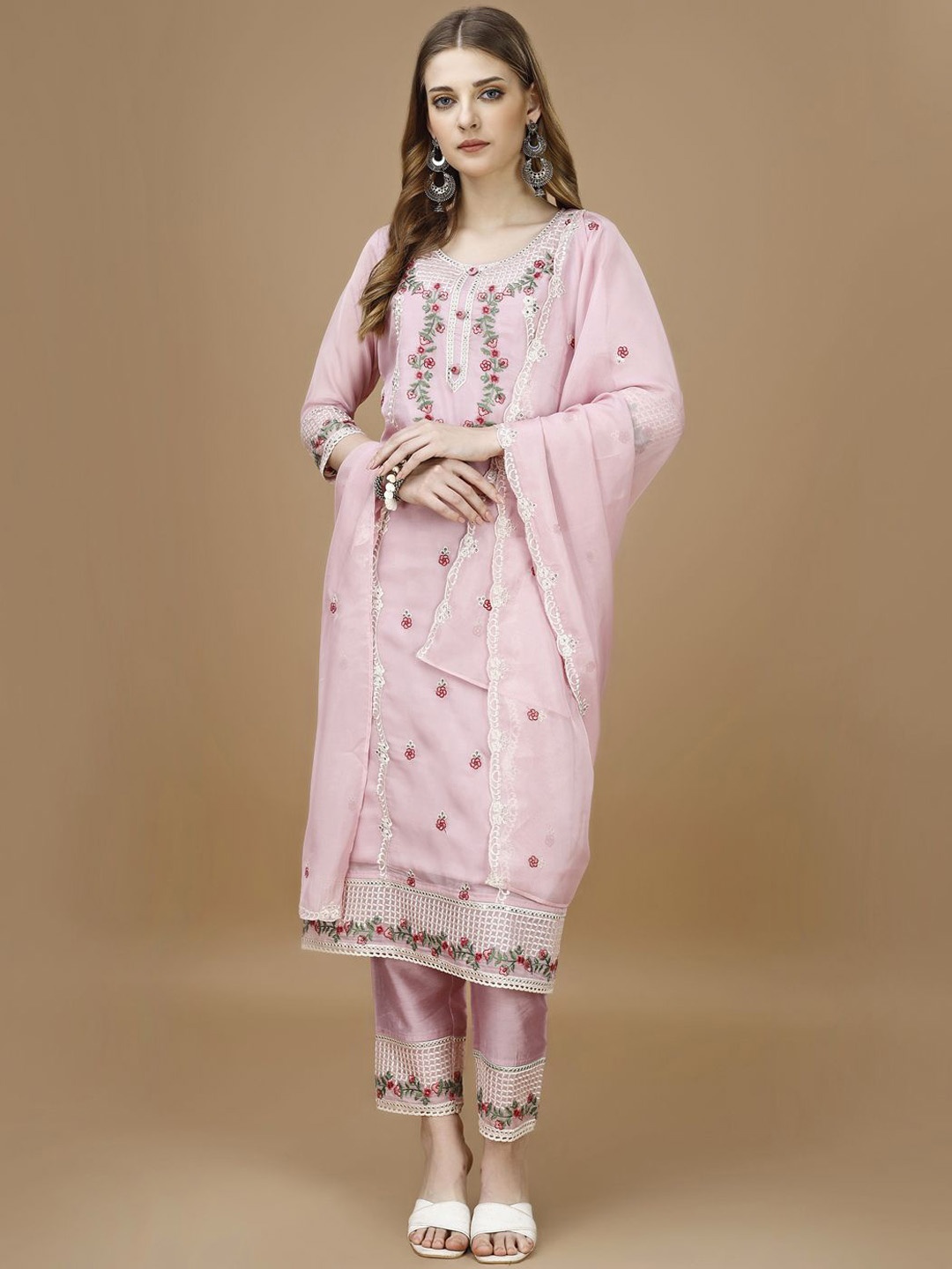 

KALINI Floral Embroidered Sequinned Round Neck Straight Kurta with Trousers & With Dupatta, Pink