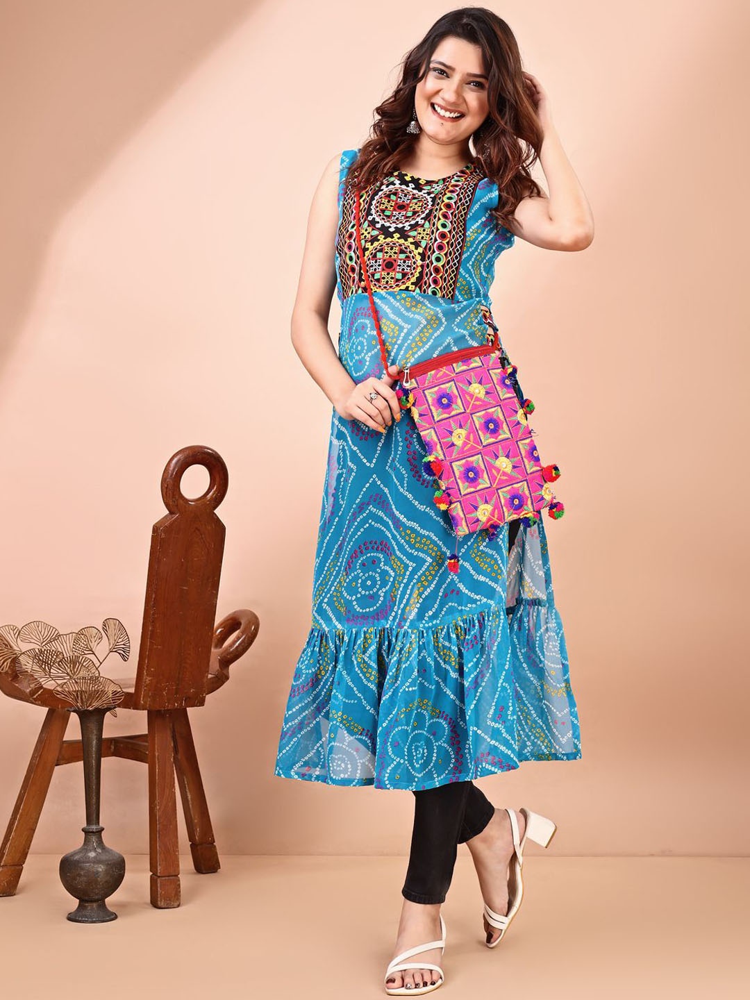 

KALINI Bandhani Printed Round Neck Thread Work Georgette Straight Kurta, Blue