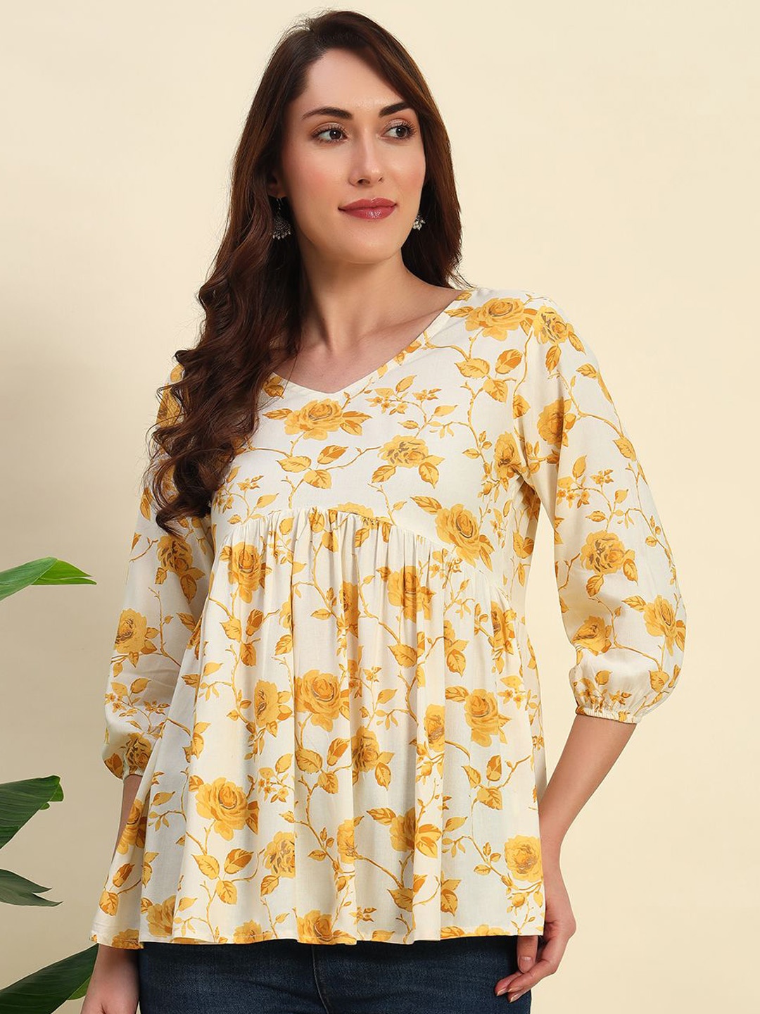 

Sa Rasa Floral Printed V-Neck Puff Sleeves Empire Top, White
