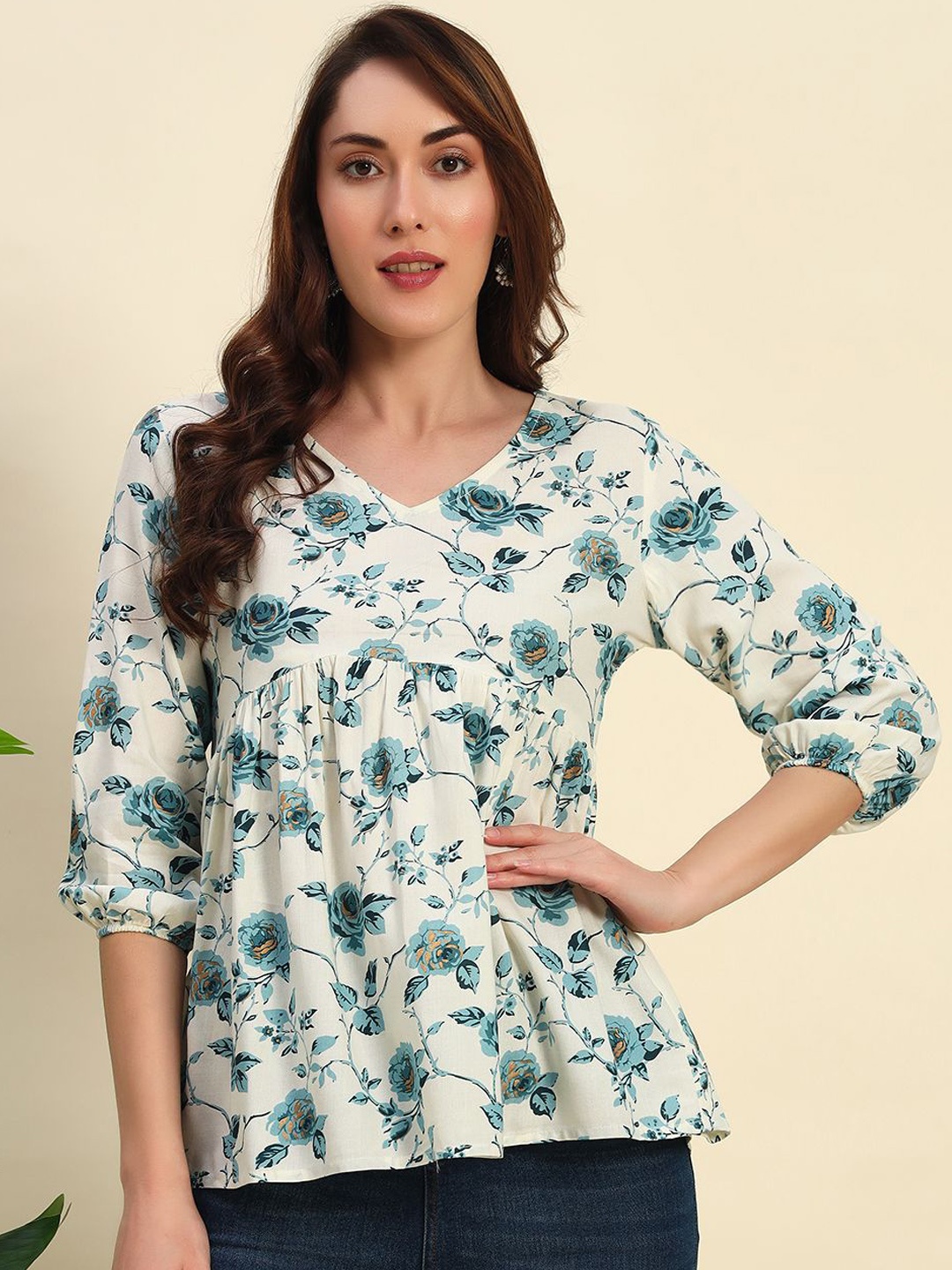 

Sa Rasa Floral Printed V-Neck Puff Sleeves Empire Top, Sea green