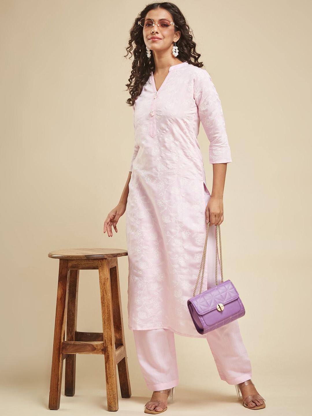 

KALINI Floral Printed V-Neck Straight Kurta With Salwar, Pink