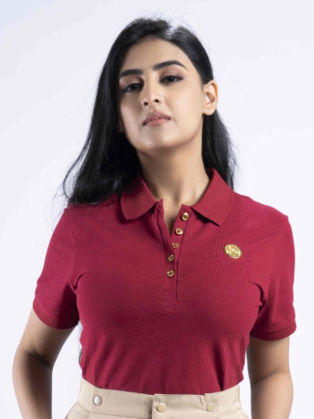 

MISROMA Women Solid Polo Collar Organic Cotton T-shirt, Maroon