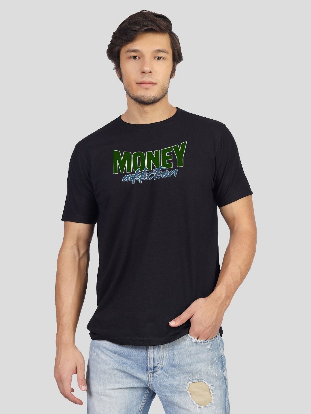 Greylongg Men Typography Printed Applique T-shirt, Black