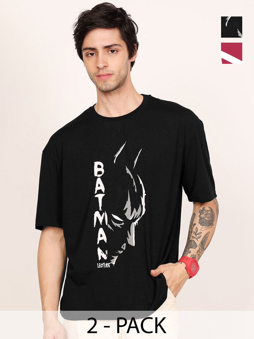

Leotude Men Pack Of 2 Batman Graphic Printed Round Neck Cotton T-shirts, Black