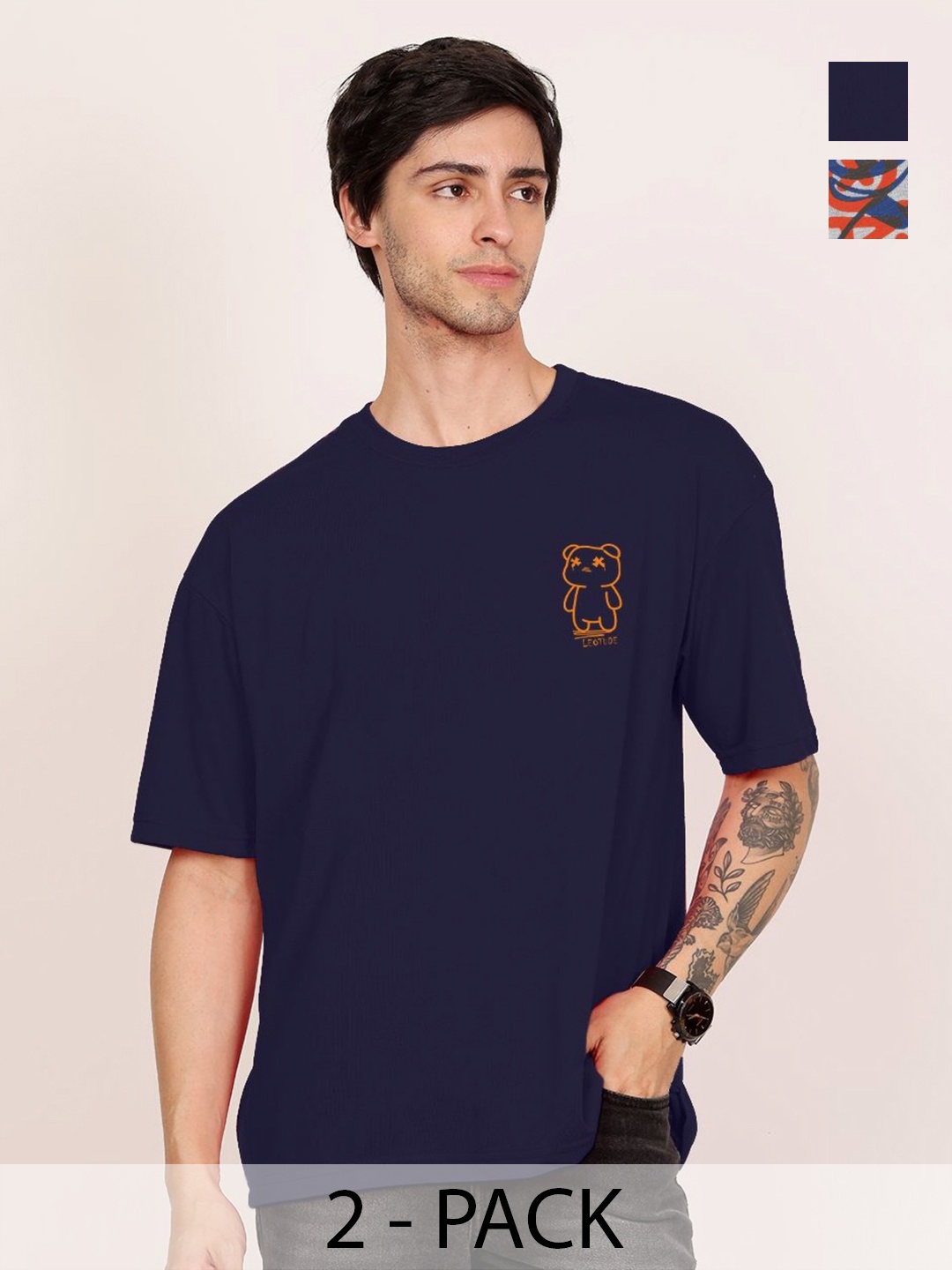 

Leotude Men Pack Of 2 Graphic Printed Round Neck Cotton T-shirts, Navy blue