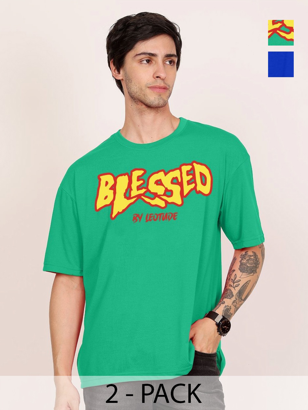 

Leotude Men Pack Of 2 Graphic Printed Round Neck Cotton T-shirts, Green