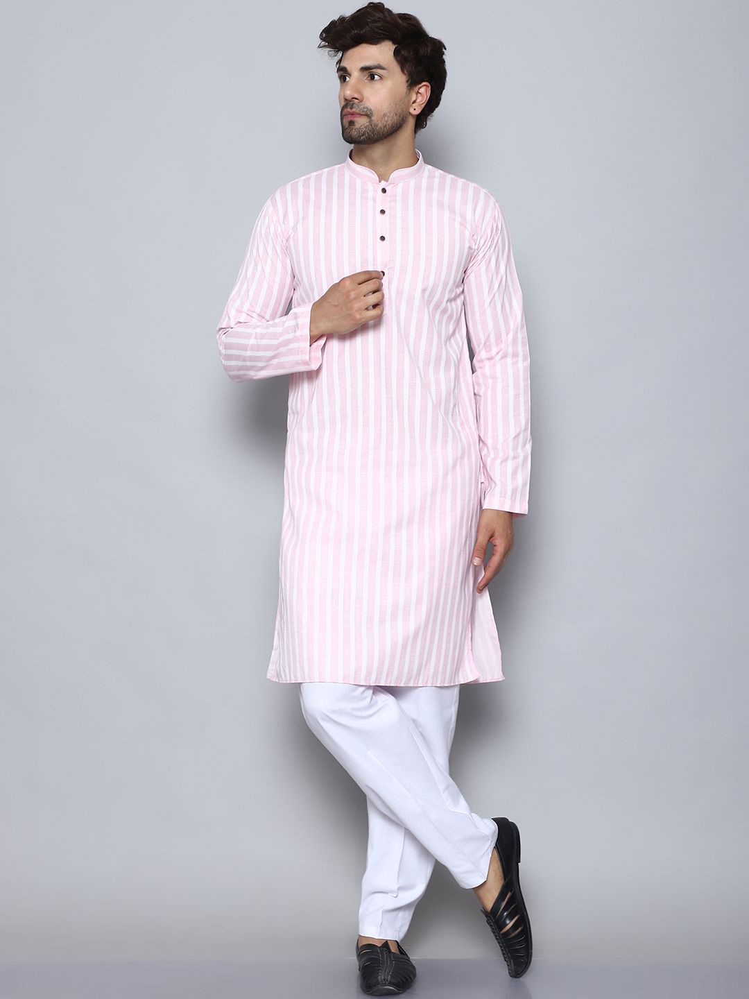 

BANHUSSAIN Striped Mandarin Collar Straight Linen Kurta with Trousers, Pink