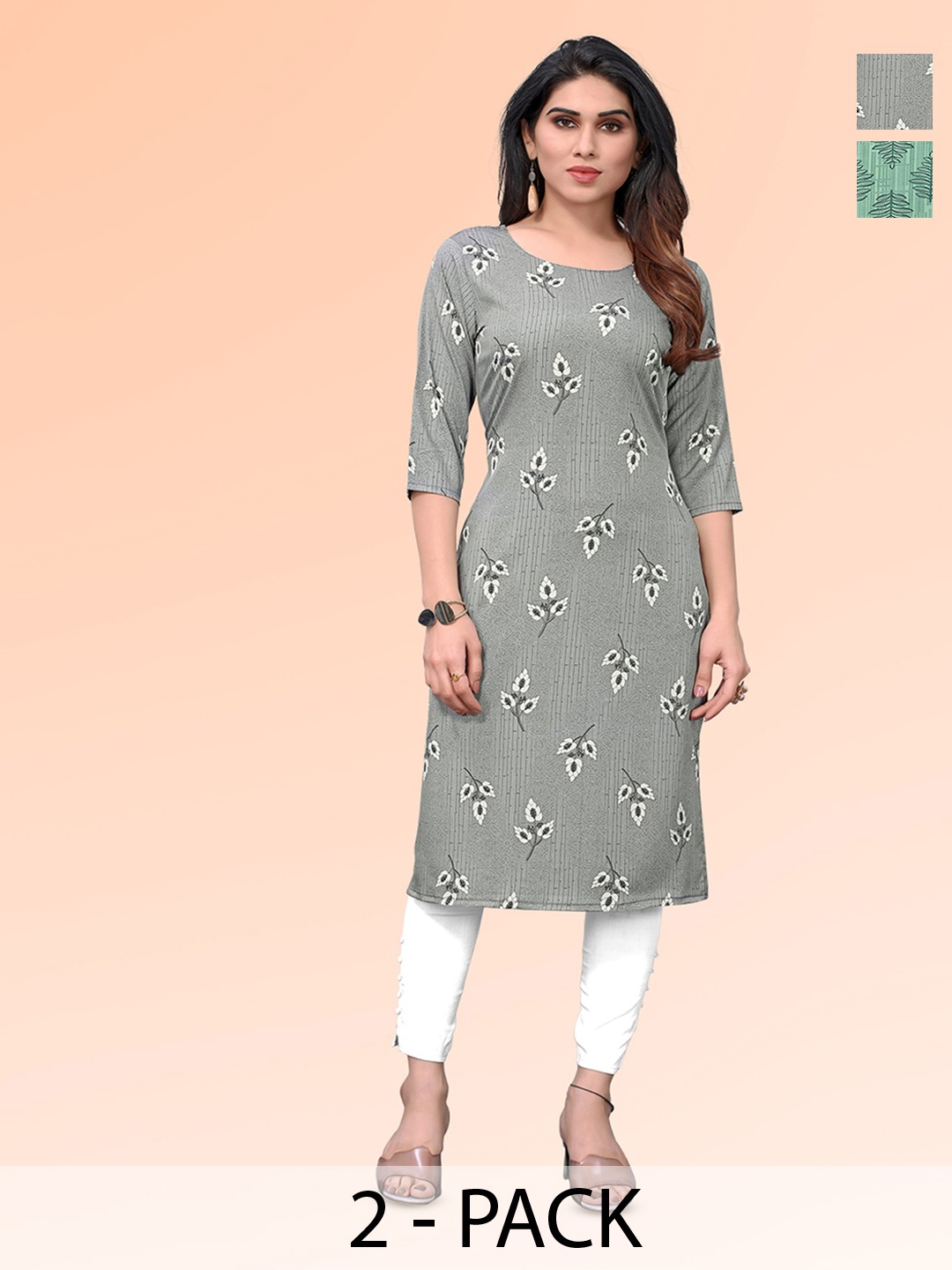 

KETAKI FASHION Selection Of 2 Floral Printed Round Neck Straight Kurtas, Grey