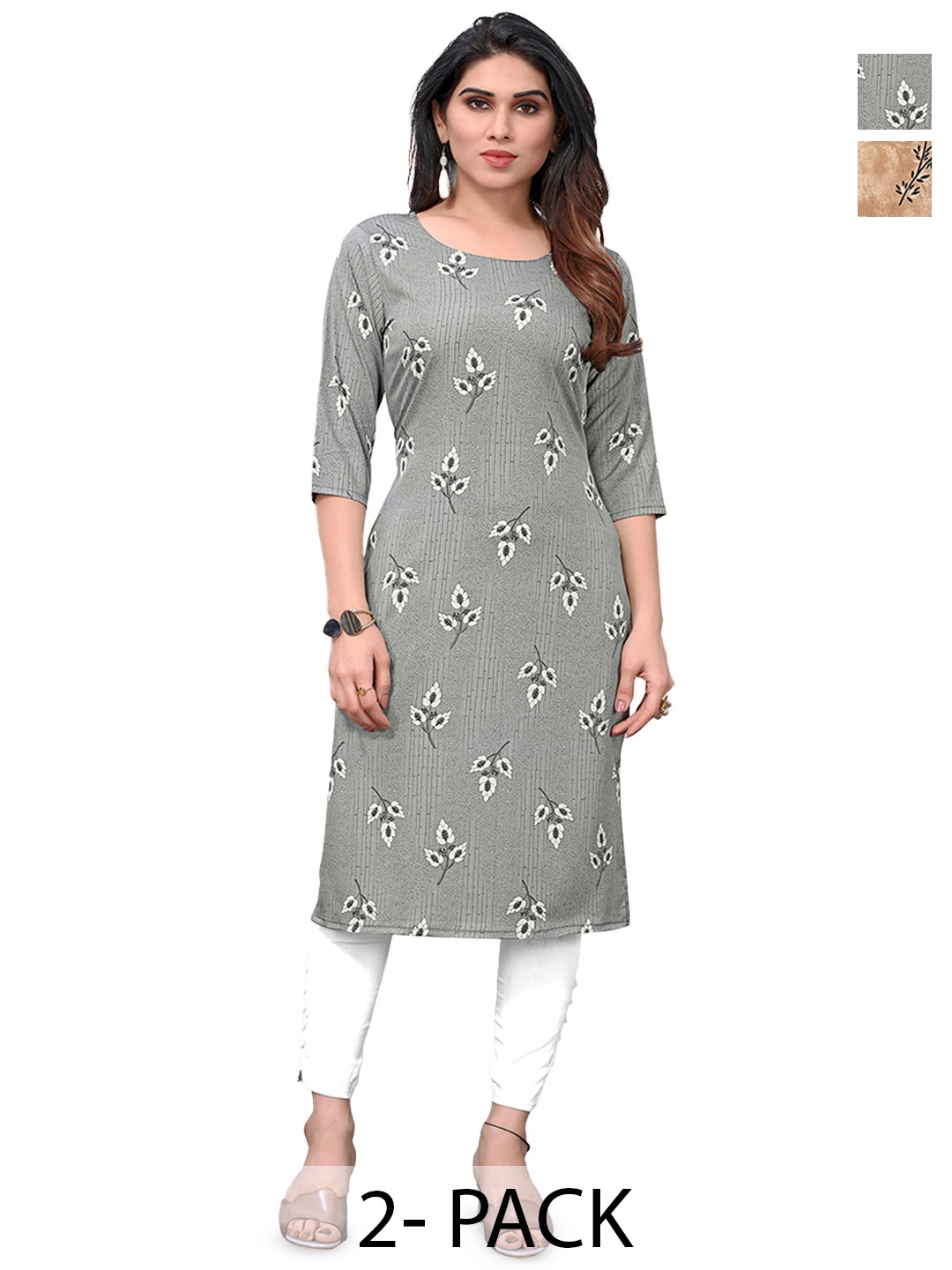 

KETAKI FASHION Selection Of 2 Floral Printed Round Neck Straight Kurta, Grey