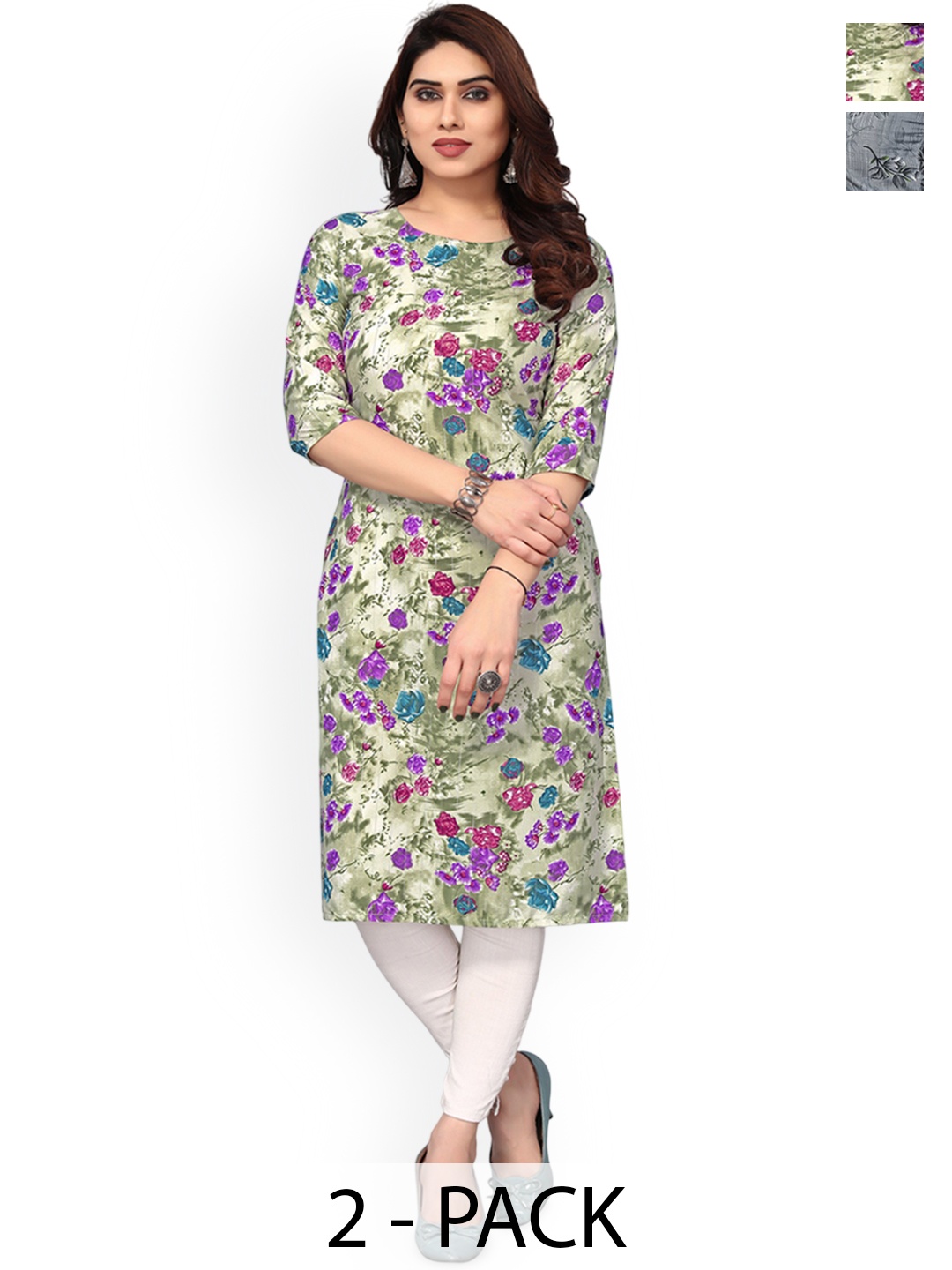 

KETAKI FASHION Selection Of 2 Floral Printed Round Neck Straight Kurtas, Green