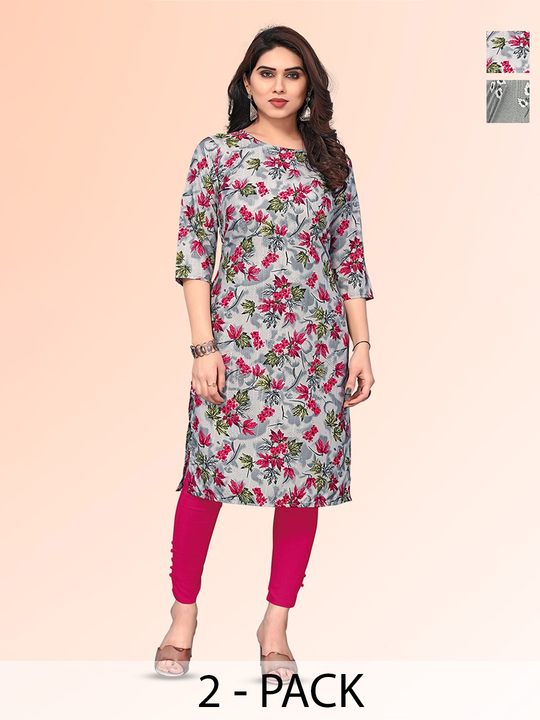 

KETAKI FASHION Selection Of 2 Floral Printed Round Neck Straight Kurtas, Grey