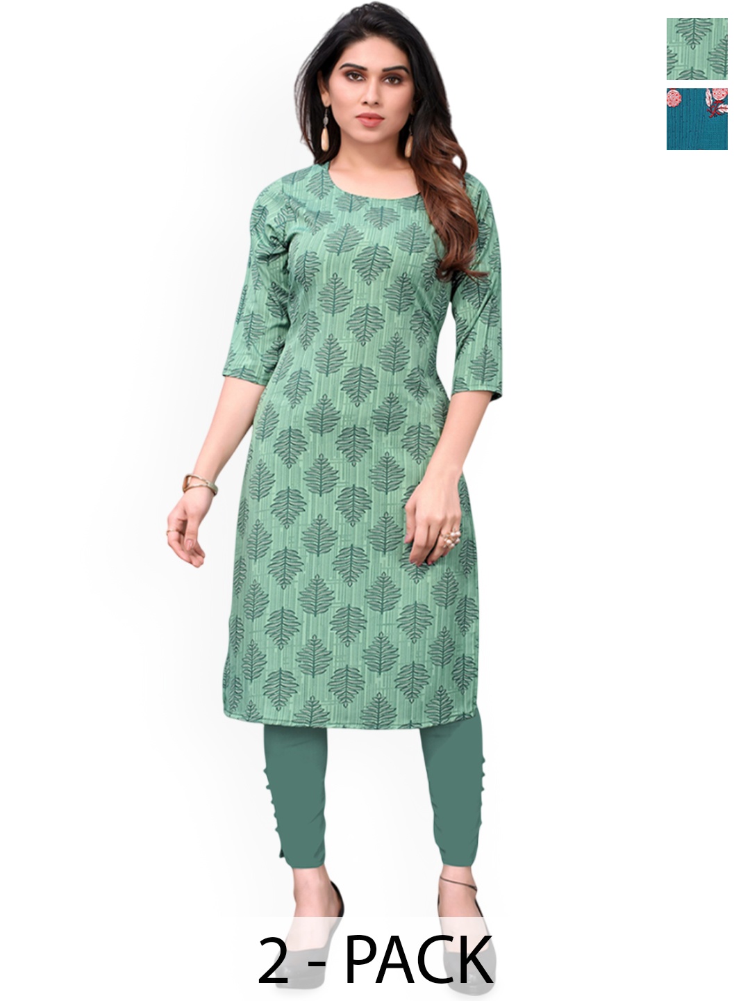 

KETAKI FASHION Selection Of 2 Floral Printed Round Neck Straight Kurta, Green