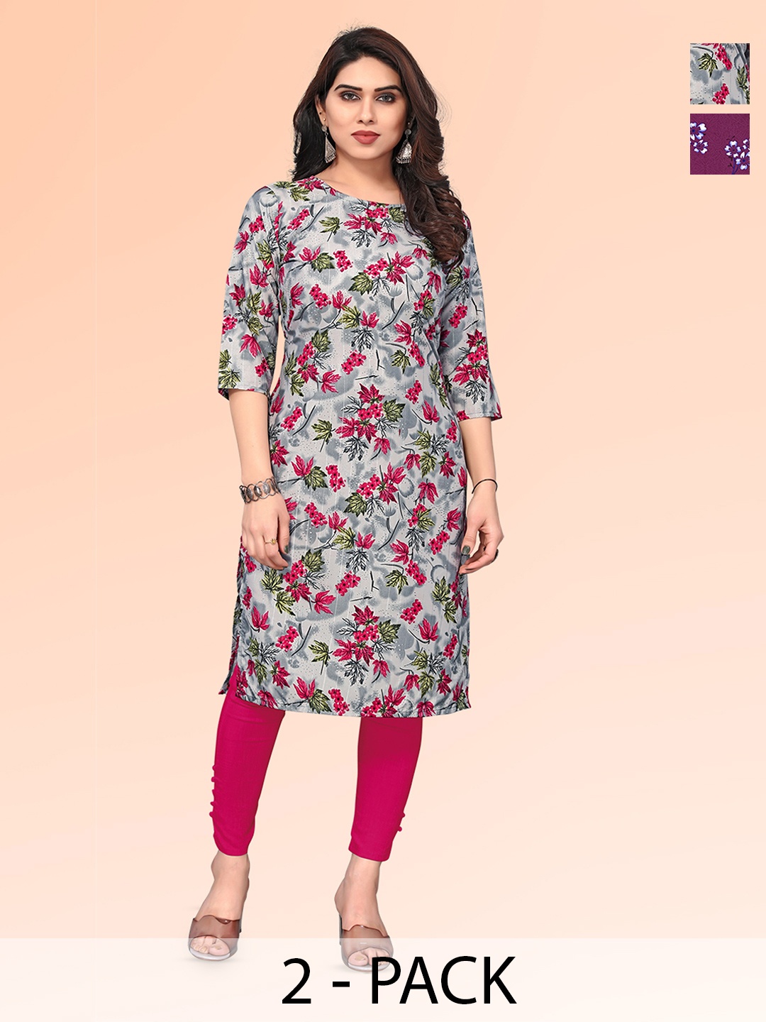 

KETAKI FASHION Selection of 2 Floral Printed Straight Kurtas, Grey