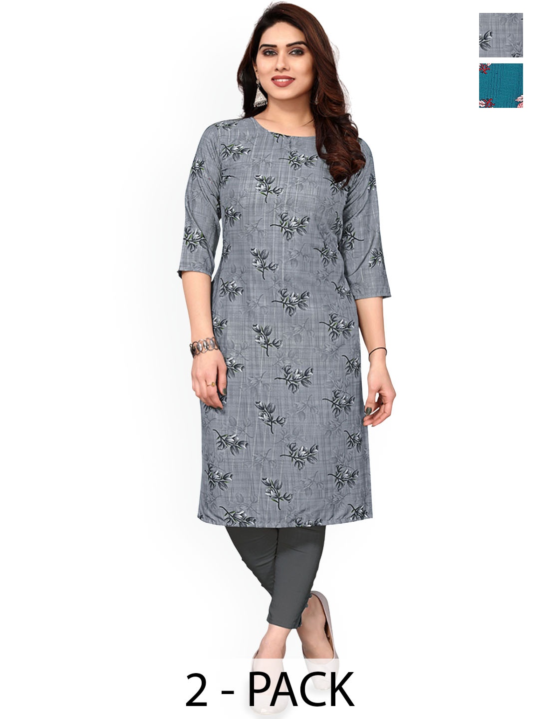 KETAKI FASHION Selection Of 2 Floral Printed Round Neck Straight Kurta, Grey