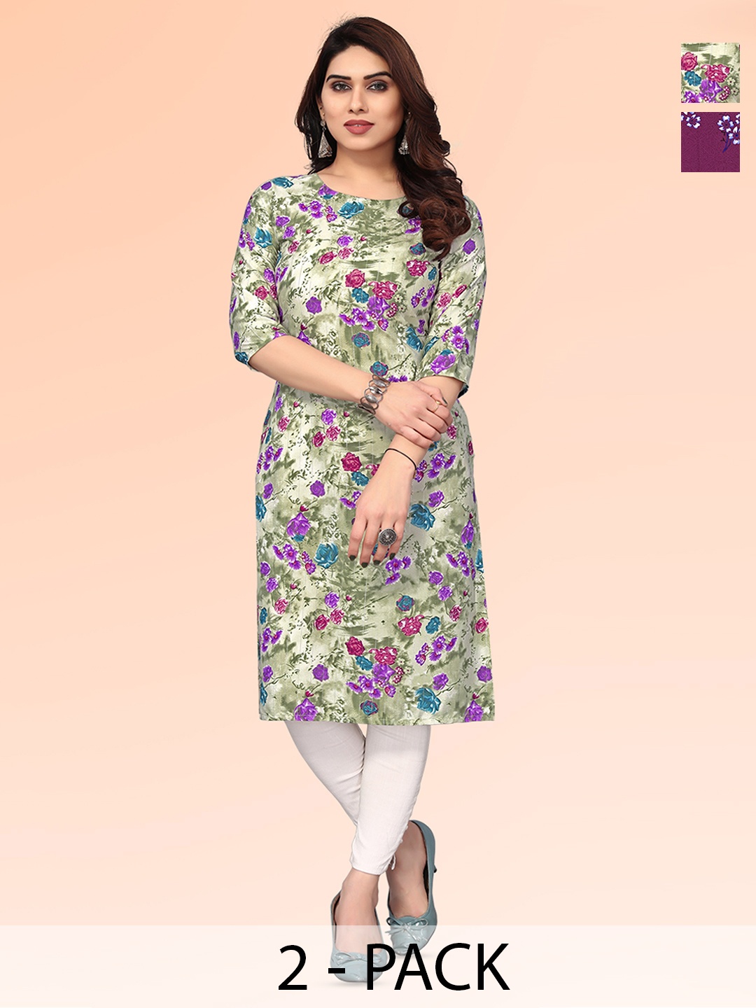 KETAKI FASHION Selection of 2 Floral Printed Straight Kurtas, Green