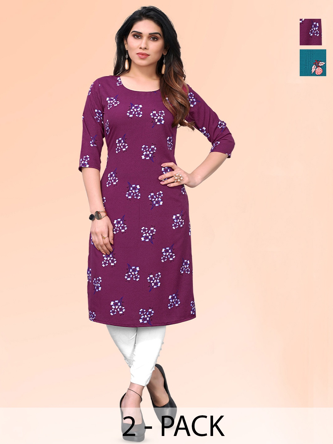 

KETAKI FASHION Selection of 2 Floral Printed Straight Kurtas, Purple