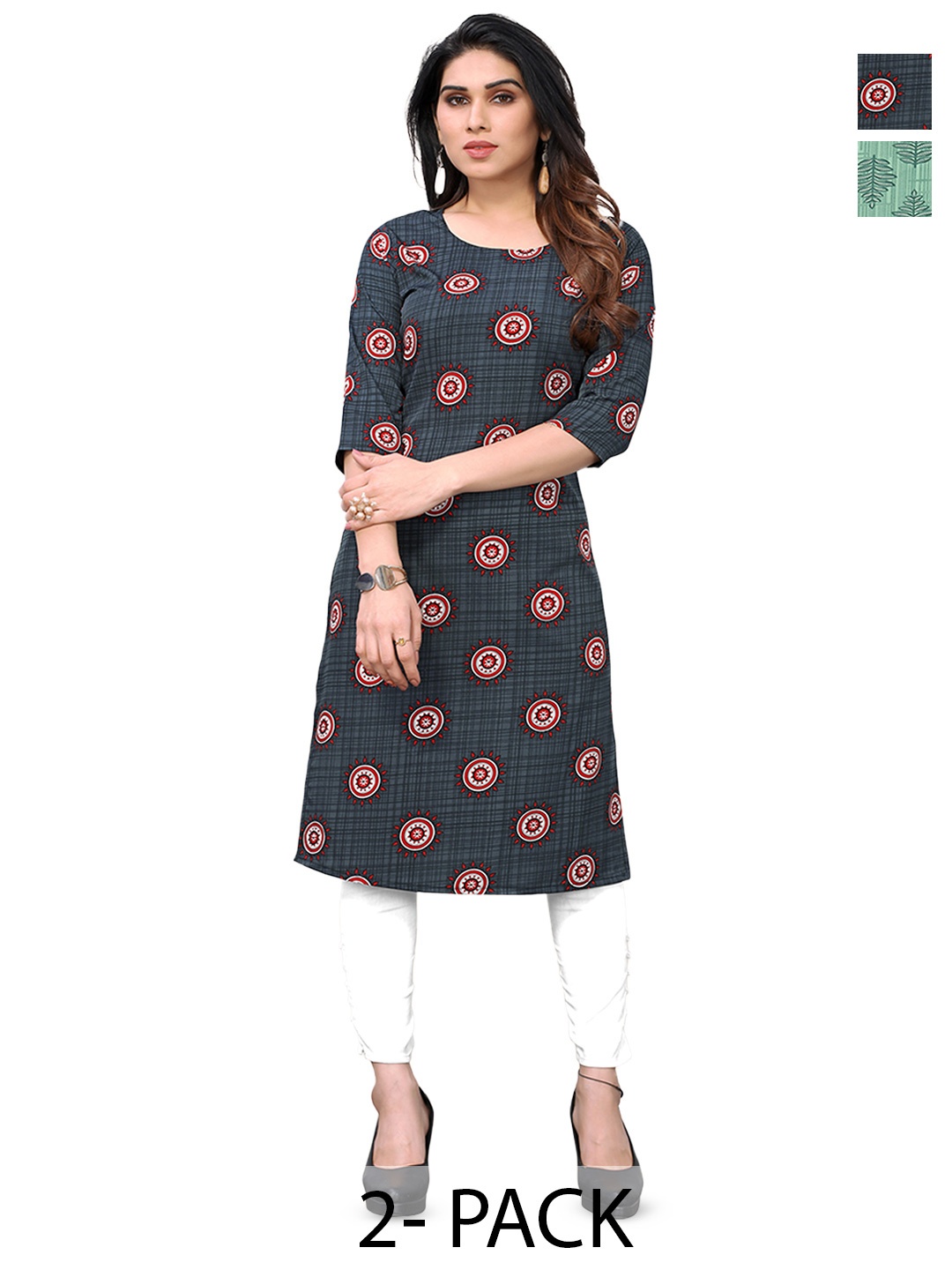 

KETAKI FASHION Selection Of 2 Ethnic Motifs Printed Round Neck Straight Kurtas, Grey