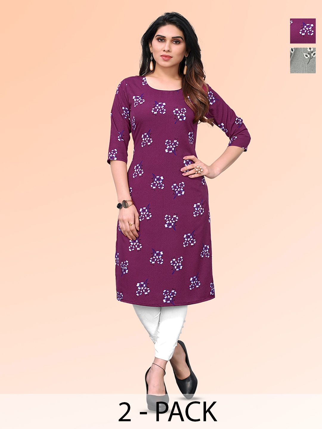 

KETAKI FASHION Selection of 2 Floral Printed Straight Kurtas, Purple