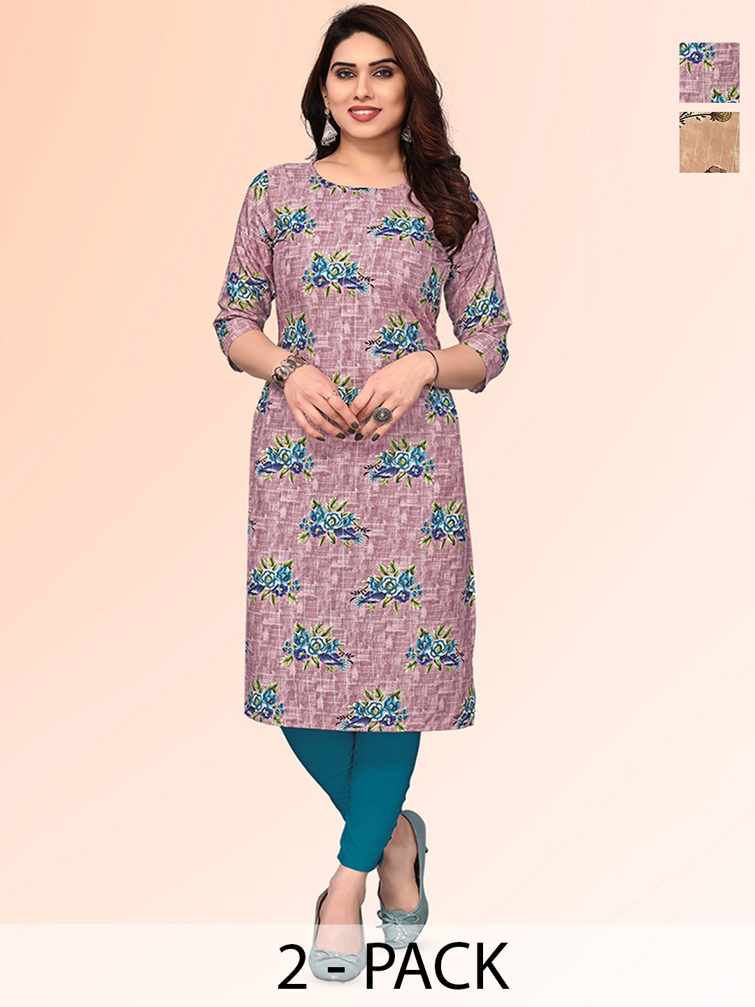 

KETAKI FASHION Selection of 2 Floral Printed Straight Kurtas, Mauve