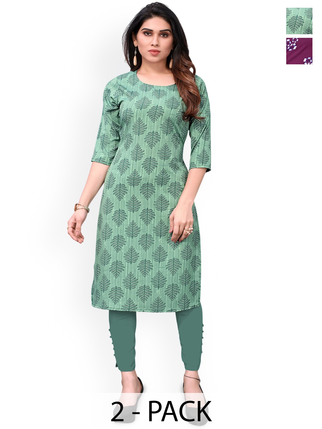 

KETAKI FASHION Selection of 2 Ethnic Motifs Printed Straight Kurtas, Green