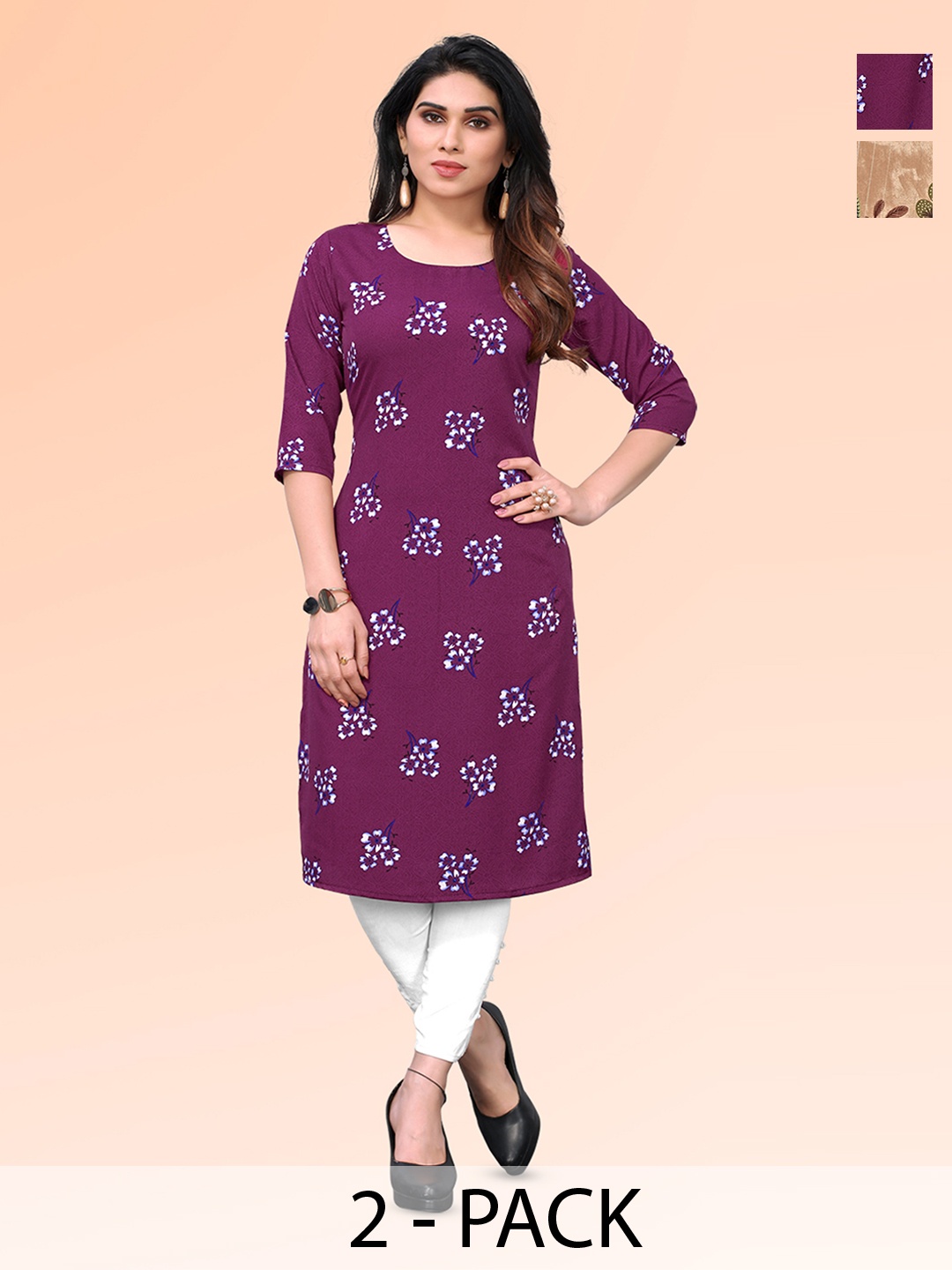 

KETAKI FASHION Selection Of 2 Floral Printed Round Neck Straight Kurta, Purple
