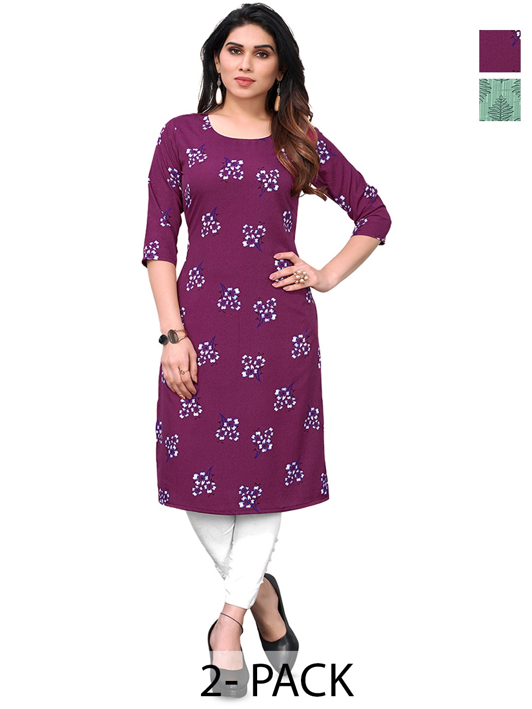 

KETAKI FASHION Selection Of 2 Floral Printed Round Neck Straight Kurta, Purple