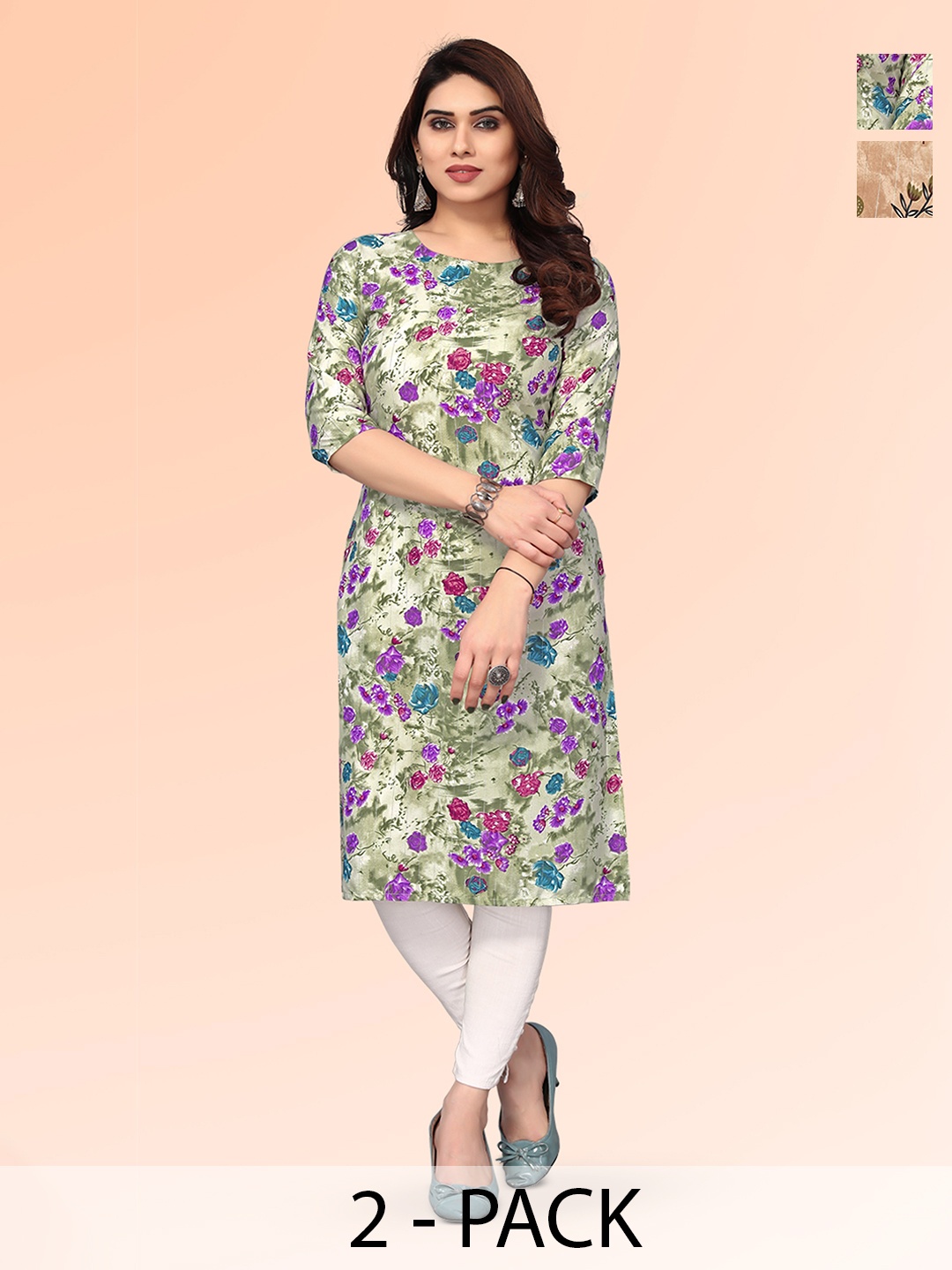 

KETAKI FASHION Selection Of 2 Floral Printed Round Neck Straight Kurtas, Green