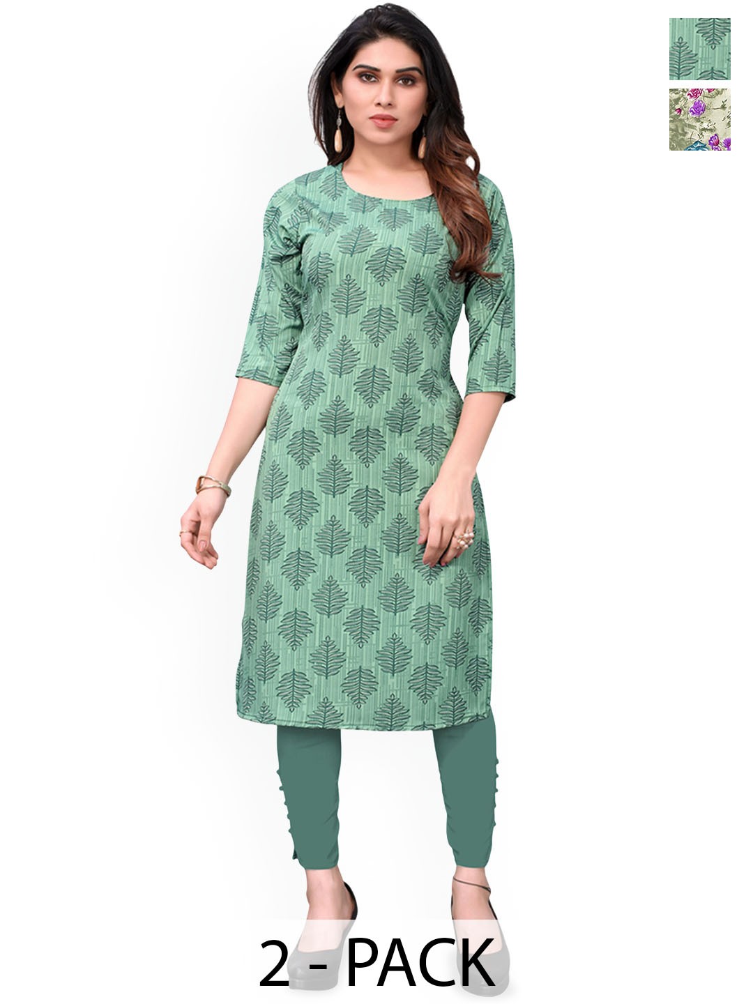 

KETAKI FASHION Selection of 2 Ethnic Motifs Printed Straight Kurtas, Green
