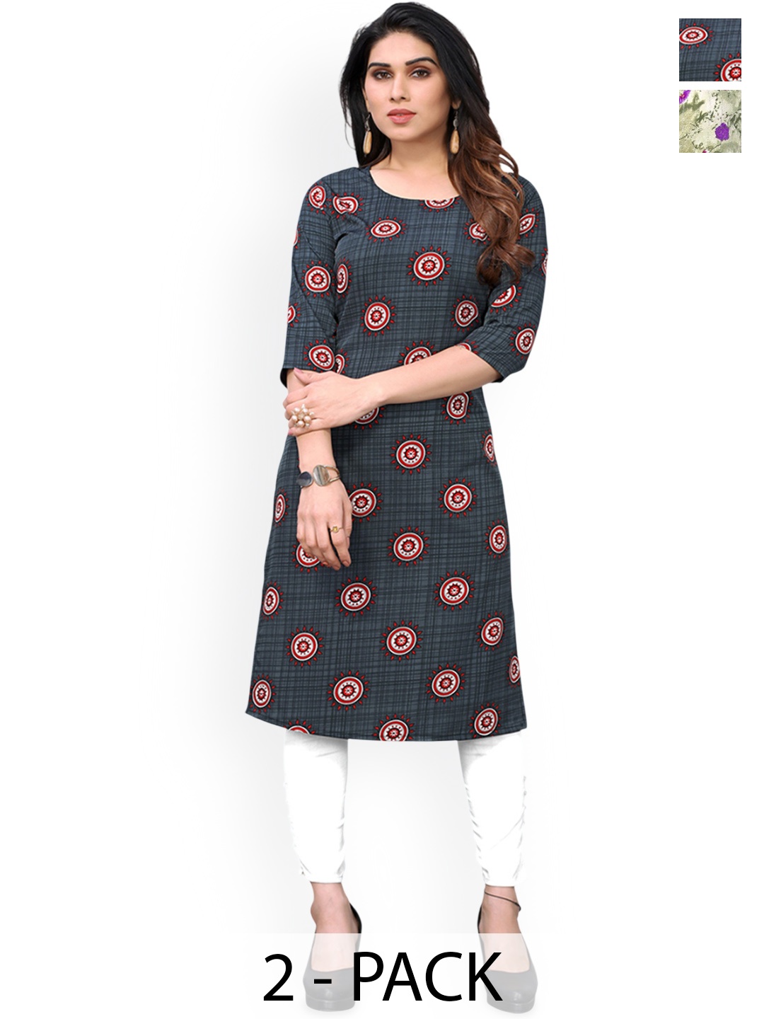 

KETAKI FASHION Selection Of 2 Floral Printed Round Neck Straight Kurtas, Green