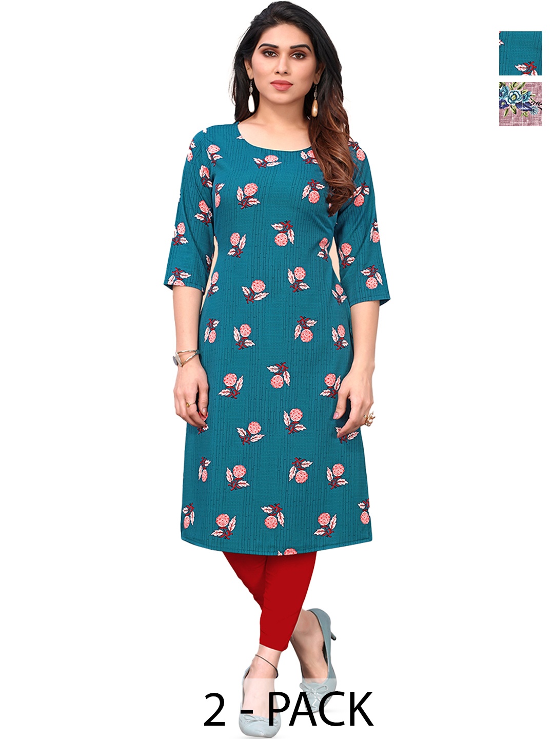 

KETAKI FASHION Selection of 2 Floral Printed Straight Kurtas, Teal
